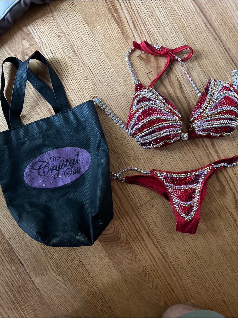 Red Crystal-Embellished Bikini Set by